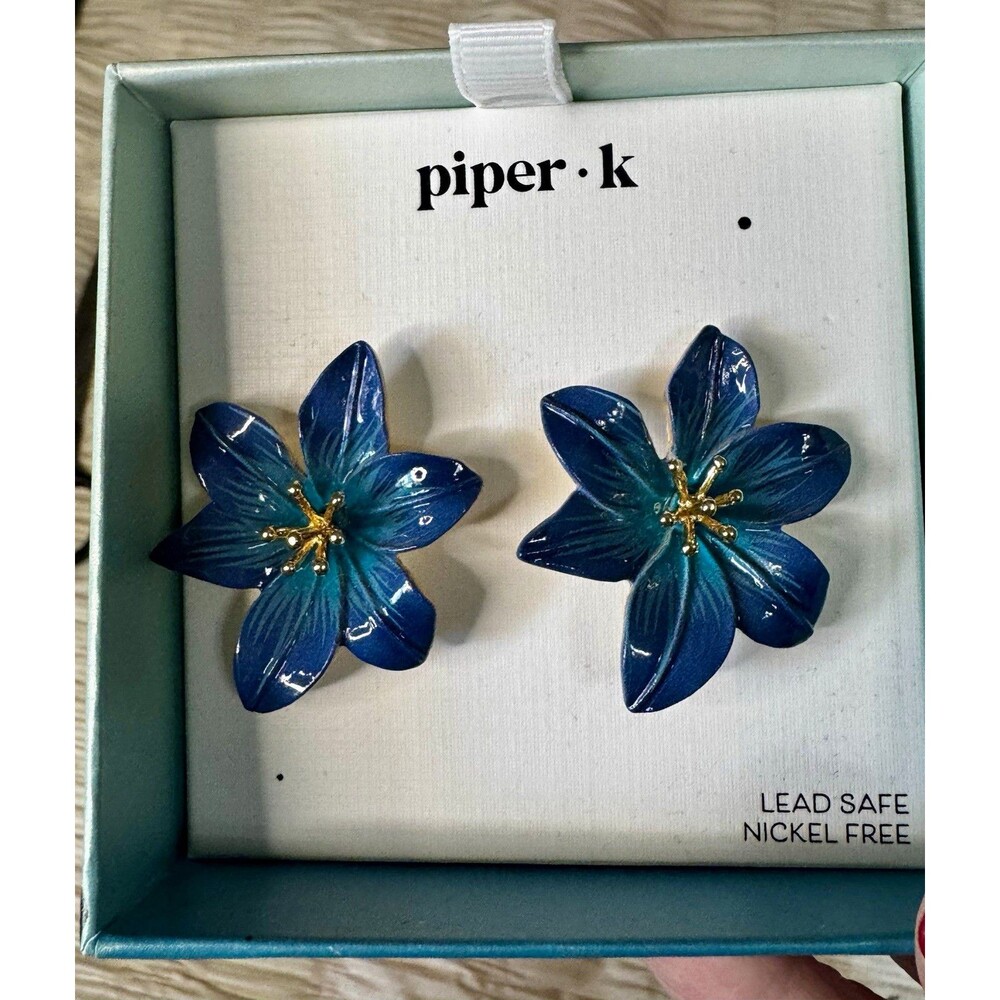 piper·k Blue Flower Enamel Stud Earrings for Lobe, No Stone, Nickel-Free